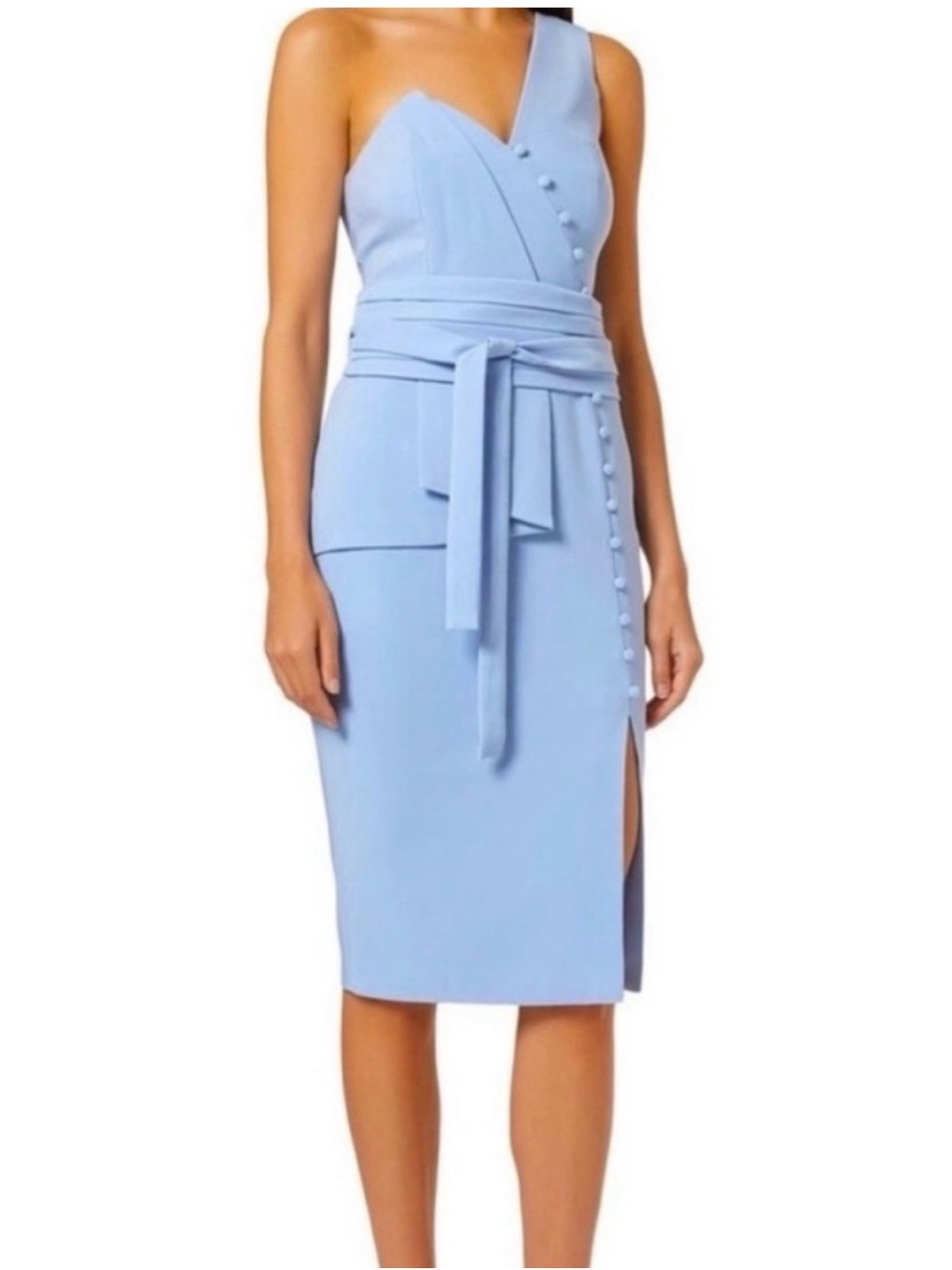 Lavish Alice One-Shoulder Pale Blue Midi Dress with Waist Tie